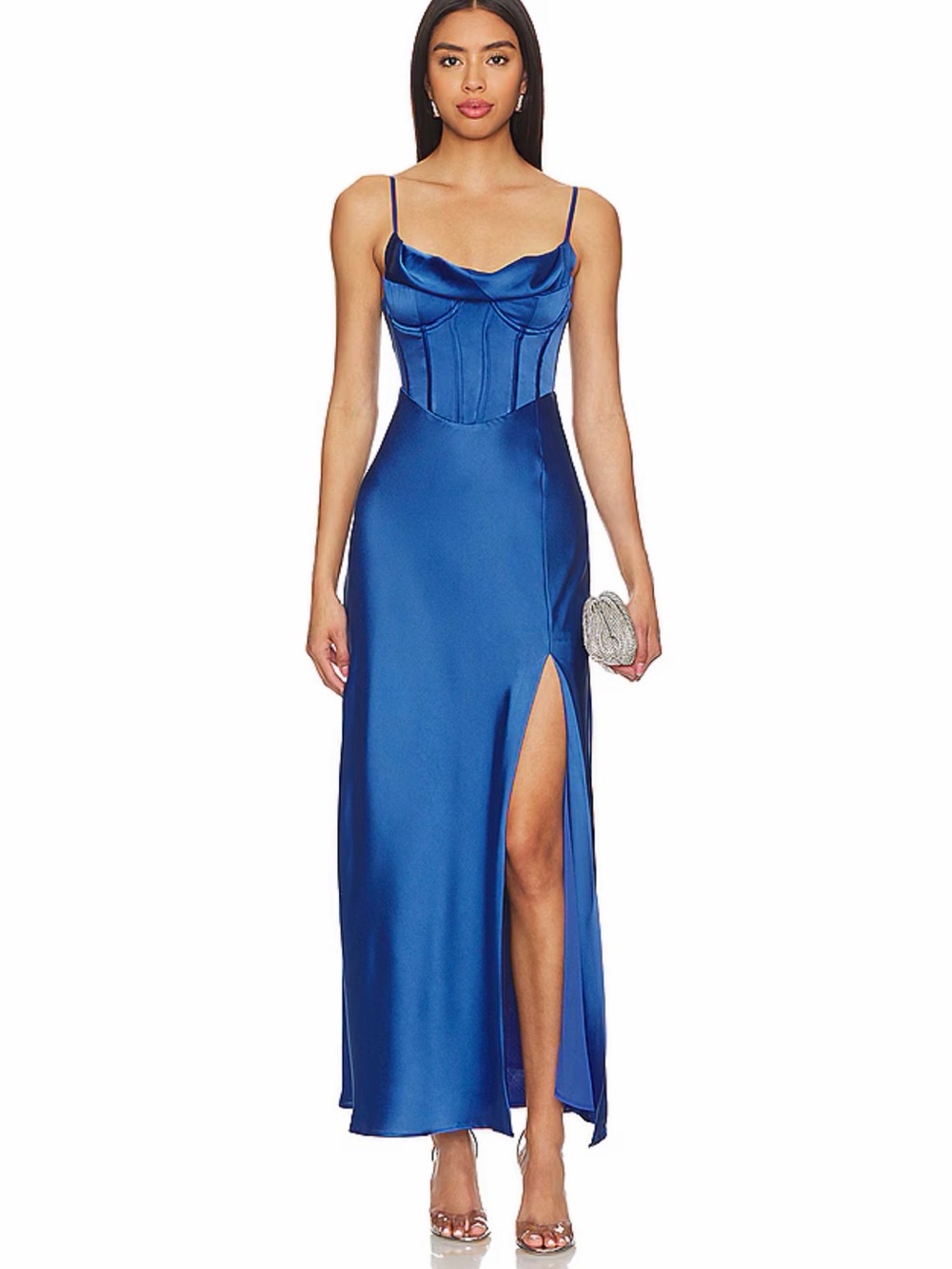 NWT Astr Satin Cowl Corset Maxi Dress in Blue
